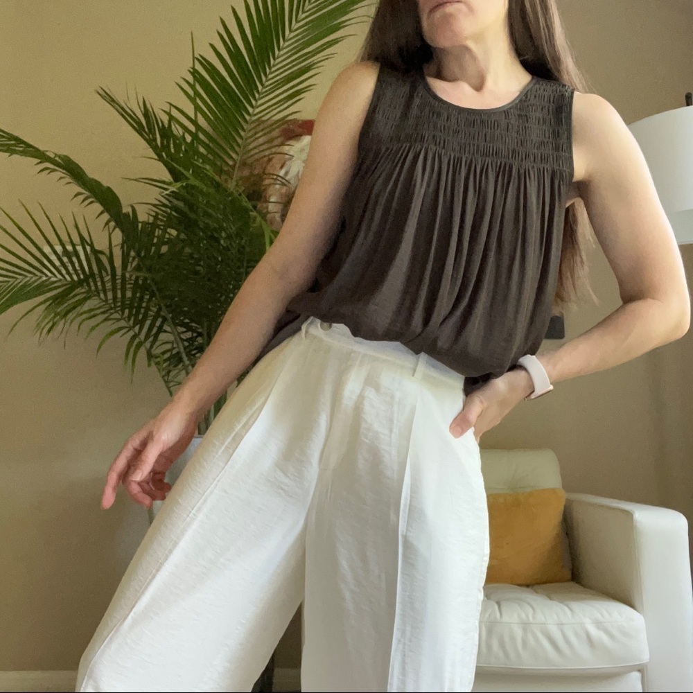 Anthropologie Dolan smocked sleeveless blouse in dark olive green, XS